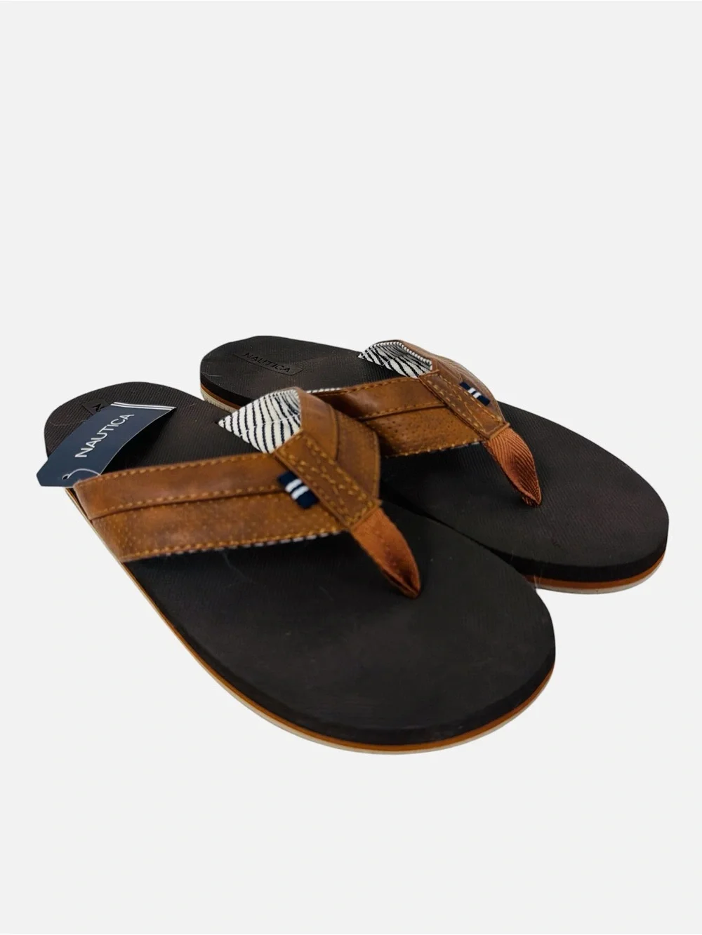 Nautica Clarkson 2 Flip Flop Faux Leather Upper Thong Brown Slip On Mens Sz 10